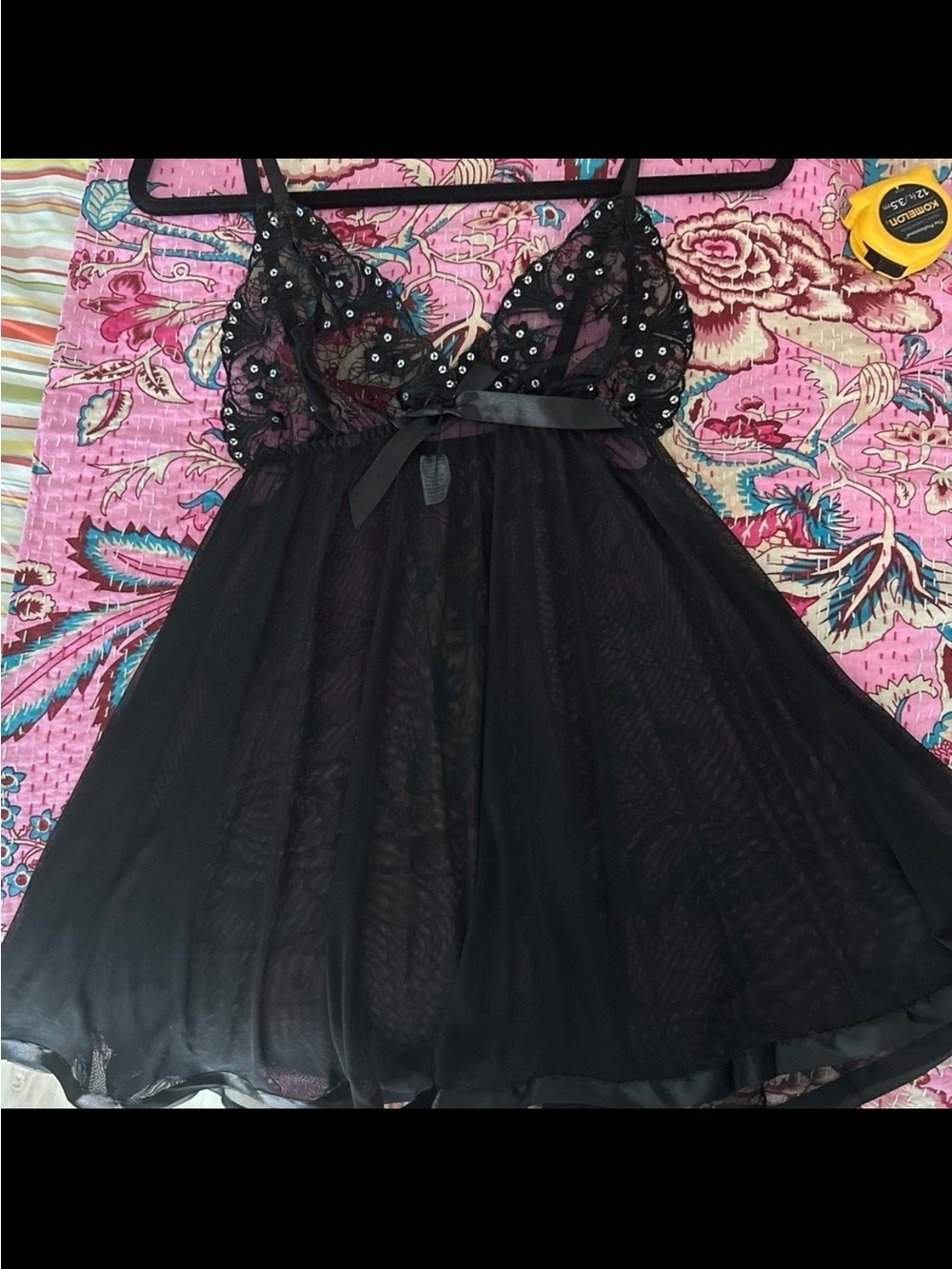 Sheer Sexy Black babydoll lingerie,  Medium, bridal , sequins